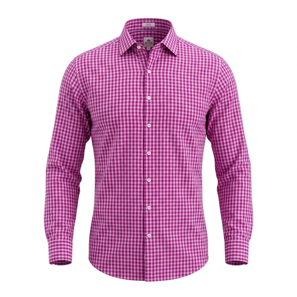 Peter Millar Mens XL Pink Gingham Check Cotton Long Sleeve Button Down Shirt